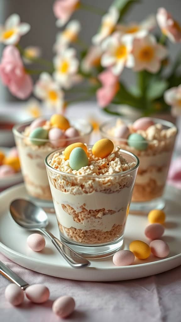 Mini egg Easter parfaits with layers of pudding and cake crumbles topped with candy-coated mini eggs.