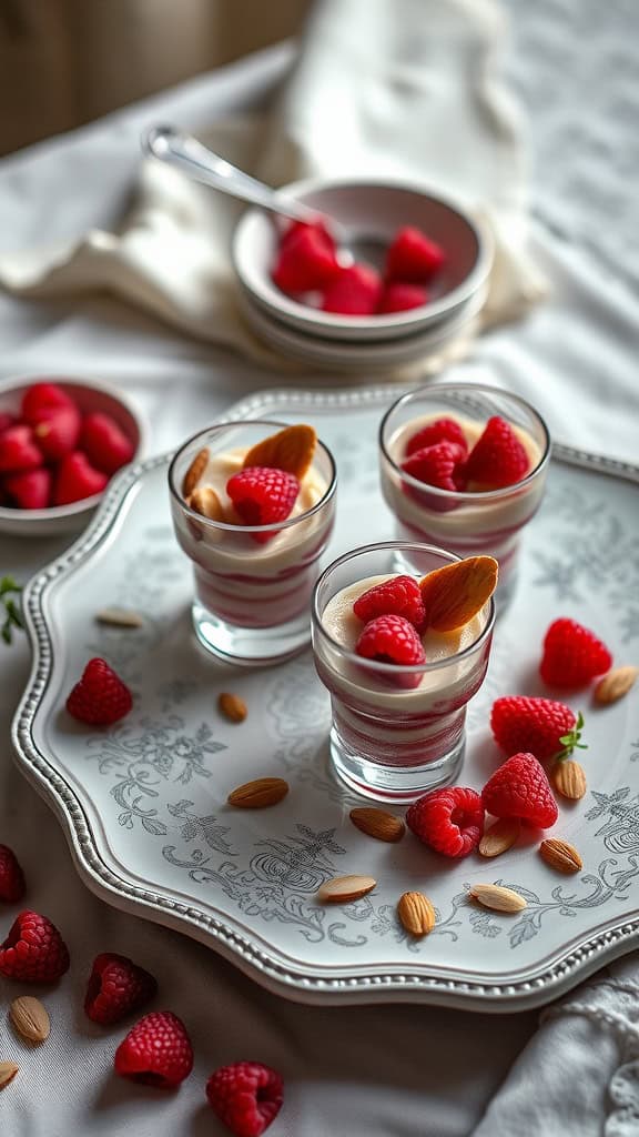 Mini Raspberry Almond Crunch Parfait Cups served on a decorative plate