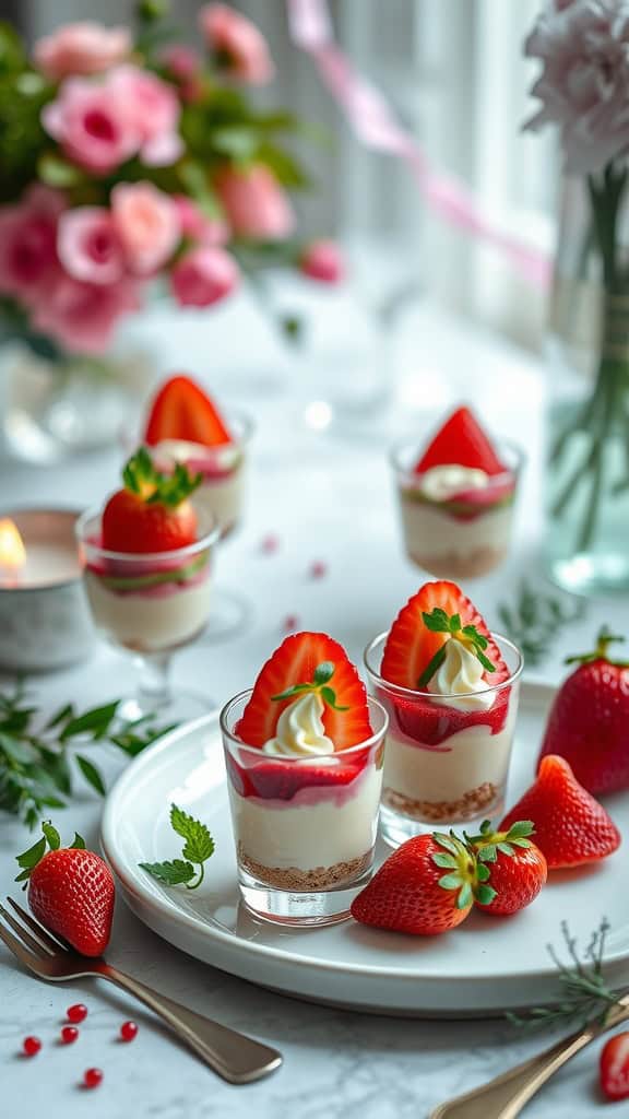 Mini strawberry cheesecake parfait shooters in shot glasses, garnished with fresh strawberries.