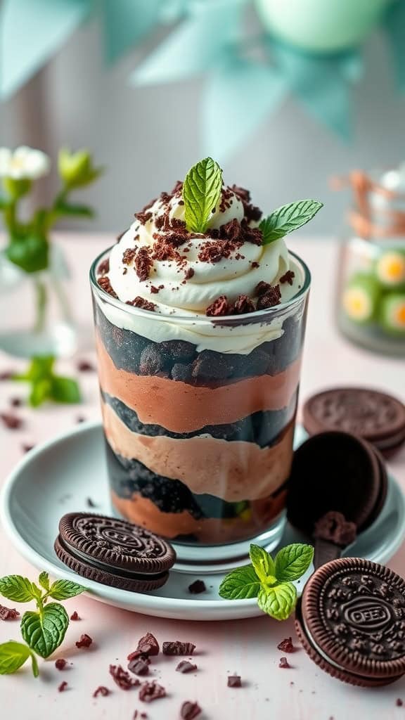 Mint chocolate parfaits with chocolate mousse, Oreo crumbs, and whipped cream, garnished with mint leaves.