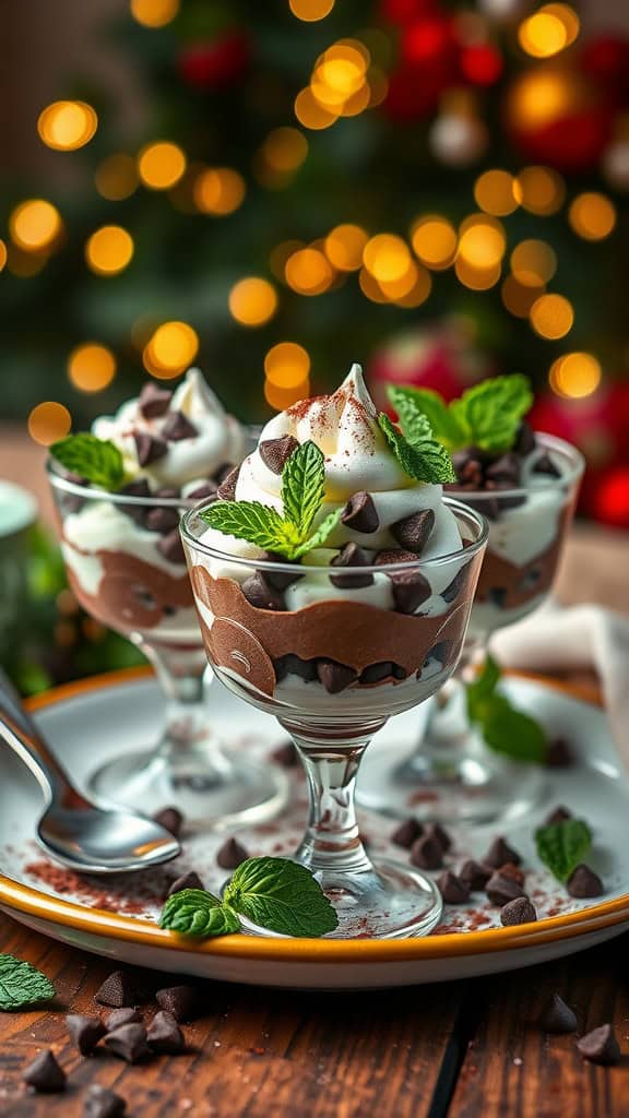 Mint chocolate chip holiday parfaits with whipped cream and chocolate chips