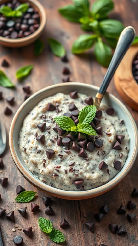 Bowl of mint chocolate chip overnight oats topped with chocolate chips and fresh mint leaves.