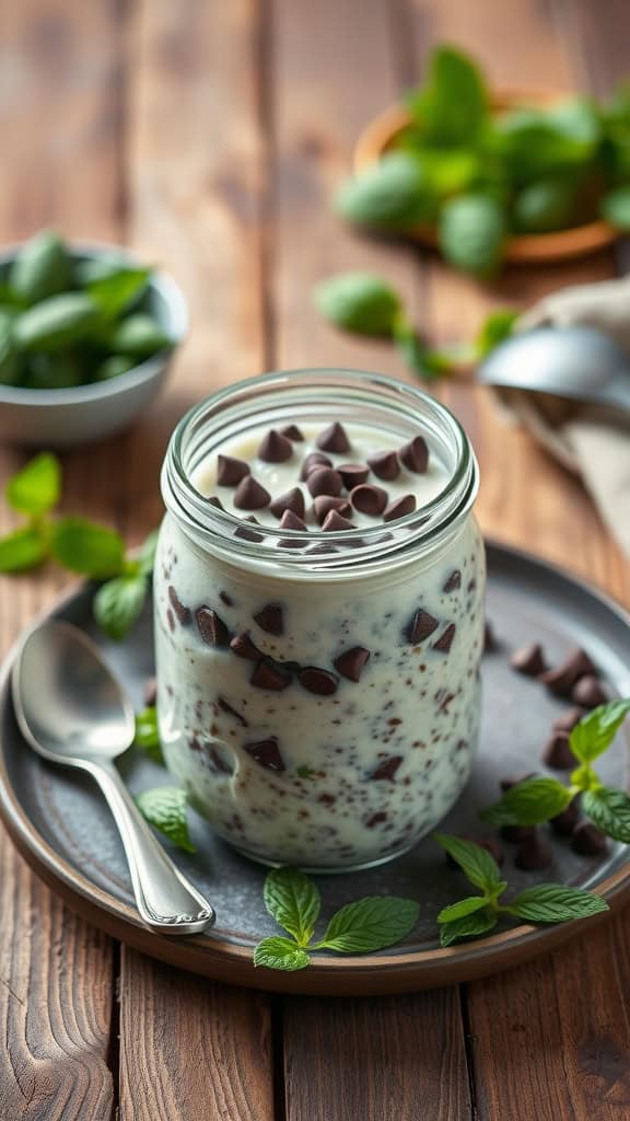 Mint Chocolate Chip Overnight Oats with Yogurt, garnished with mint leaves and mini chocolate chips.