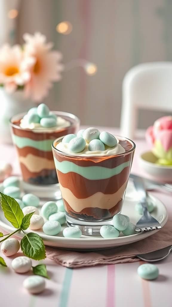 Mint Chocolate Easter Parfaits layered with chocolate pudding and topped with Andes mints.