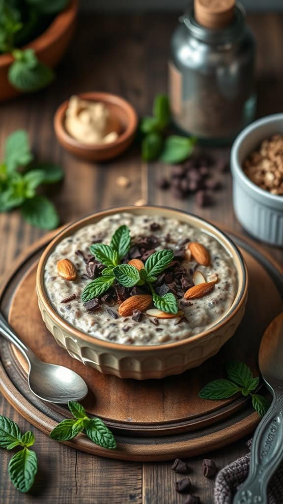 Mint chocolate overnight oats with almond butter, topped with mint leaves and almonds.