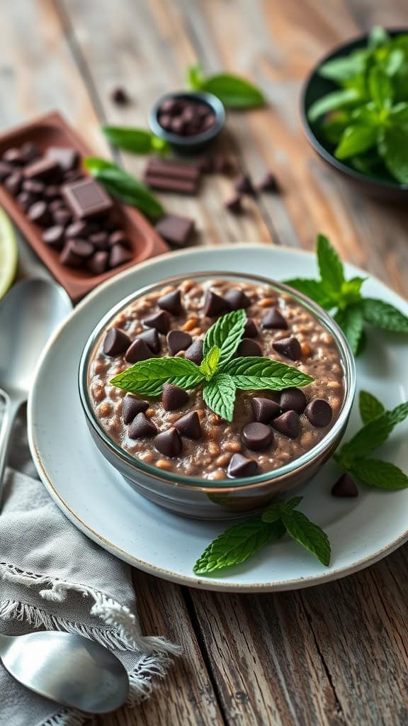 Bowl of mint chocolate overnight oats topped with chocolate chips and mint leaves.