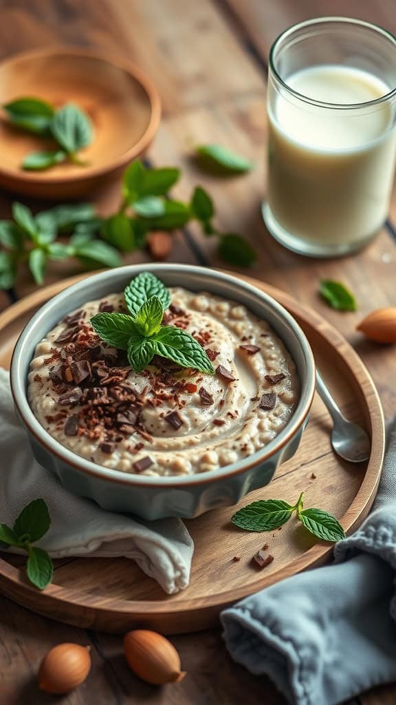 Mint chocolate overnight oats with almond milk topped with fresh mint leaves and chocolate shavings.