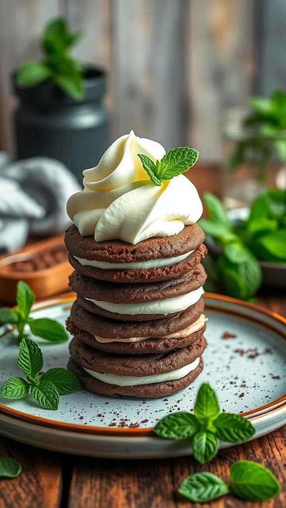 Mint Chocolate Parfait Cookies stacked on a plate with whipped cream and mint leaves