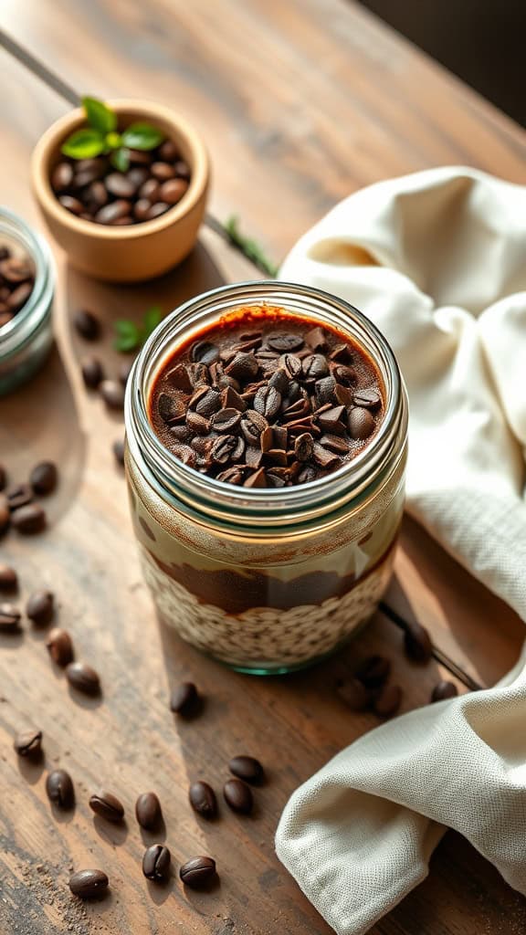 A jar of mocha bliss overnight oats topped with chocolate chips, surrounded by coffee beans.