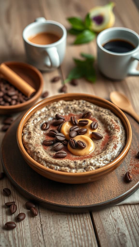 A bowl of mocha overnight oats with chocolate and peanut butter, garnished with coffee beans.