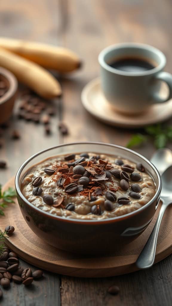 A bowl of mocha flavored overnight oats topped with chocolate and coffee beans.
