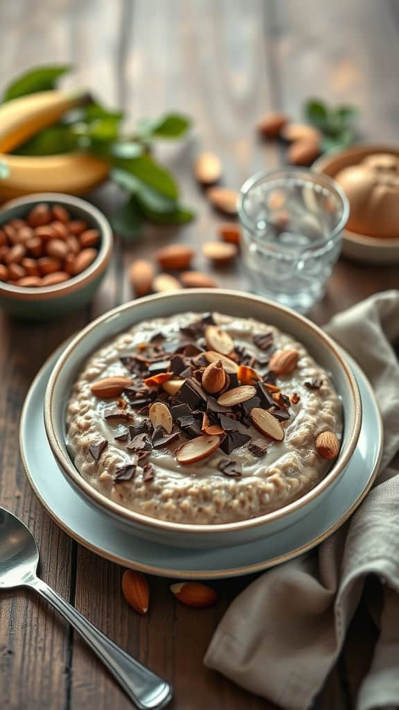 Bowl of mocha overnight oats topped with almonds and chocolate shavings.