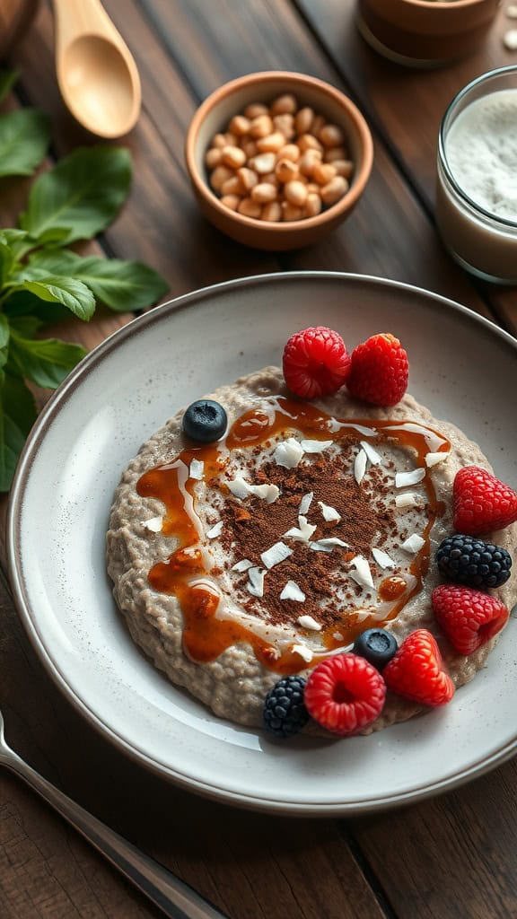 Delicious mocha overnight oats made with coconut milk, espresso, and cocoa powder, topped with fresh berries.