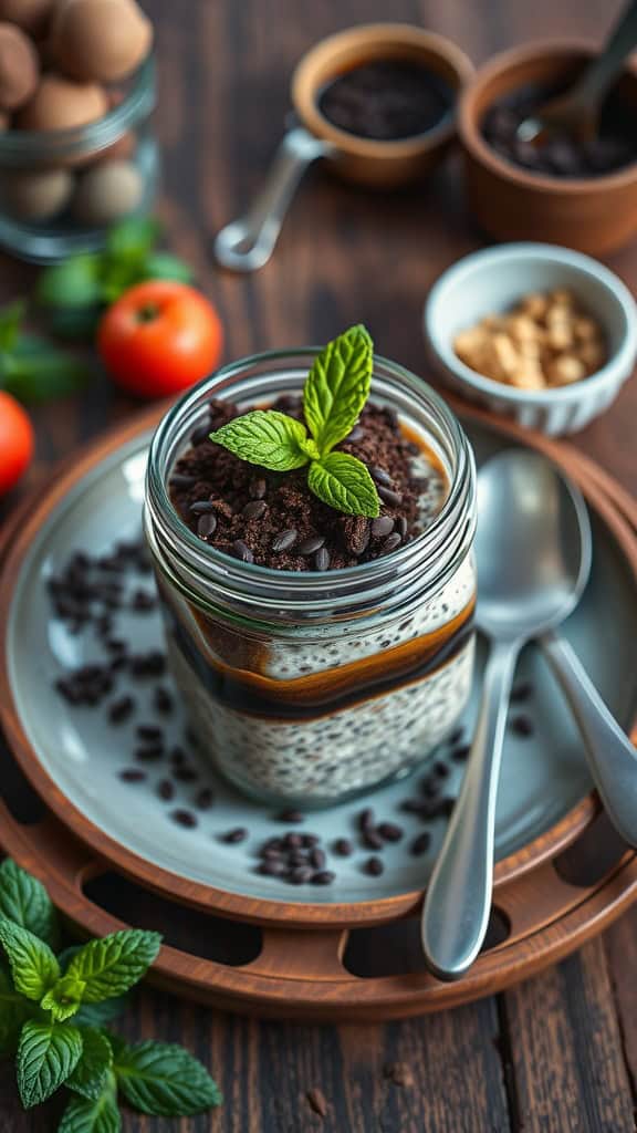 A jar of mocha overnight oats topped with chocolate and garnished with mint.