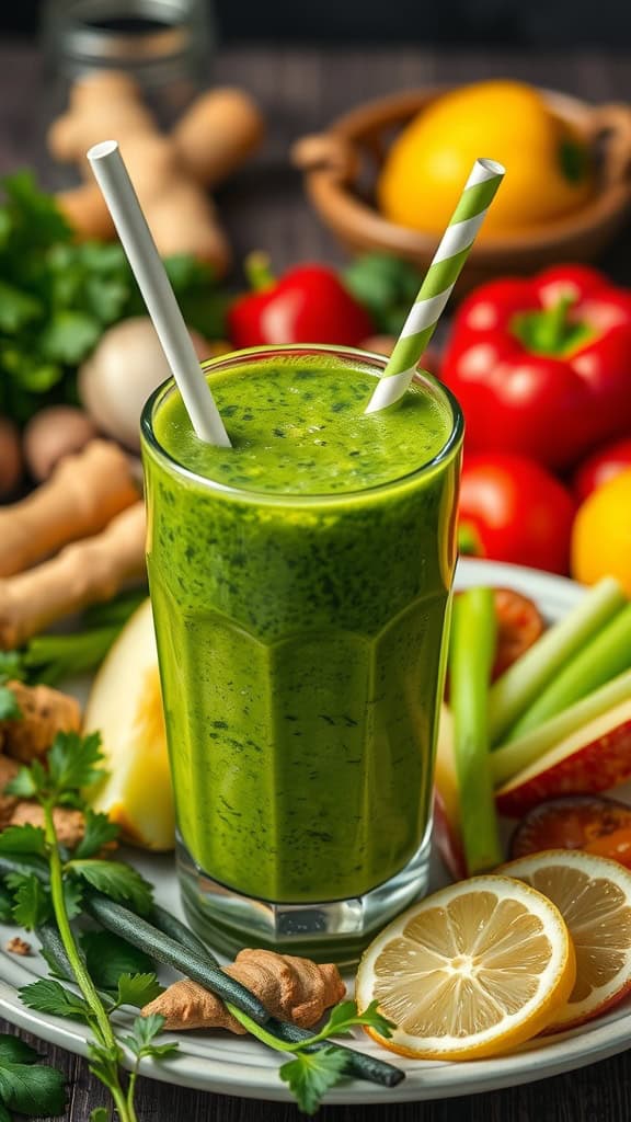 A glass of green smoothie with spinach, celery, apple, ginger, and lemon, surrounded by fresh vegetables and fruits.