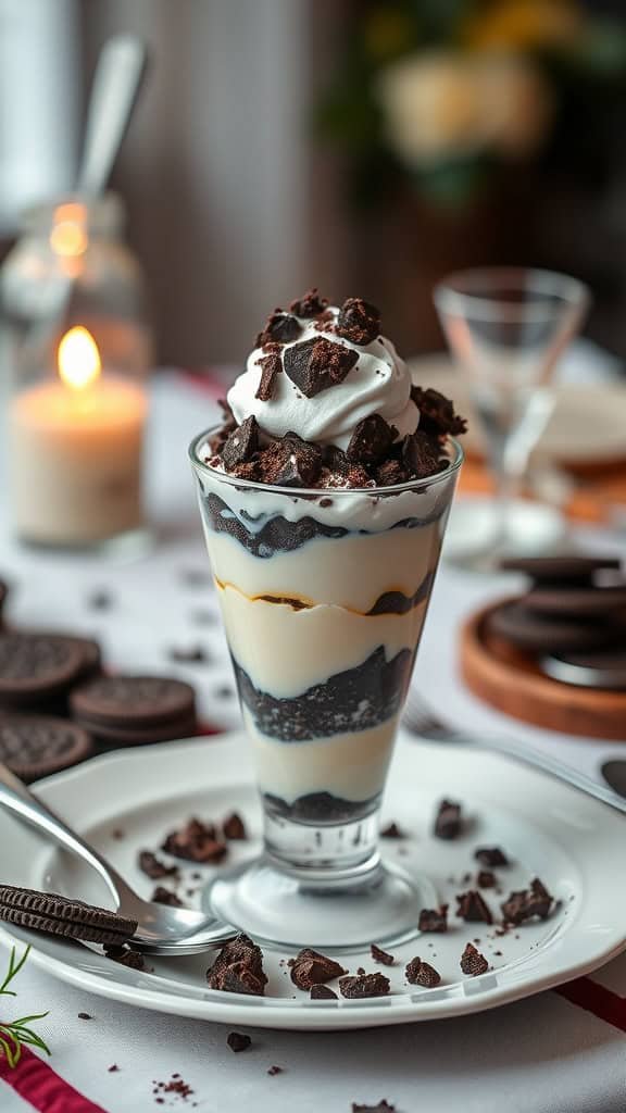 No-bake anniversary parfait with layers of pudding, Oreos, and whipped topping