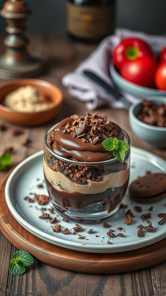 A delicious no-bake chocolate peanut butter parfait with layers of cookies, peanut butter filling, and chocolate ganache.