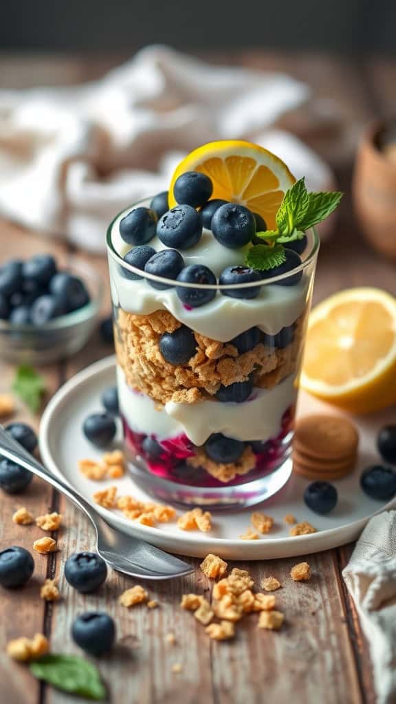 A delicious no-bake lemon blueberry parfait layered with yogurt, blueberry compote, and shortbread.