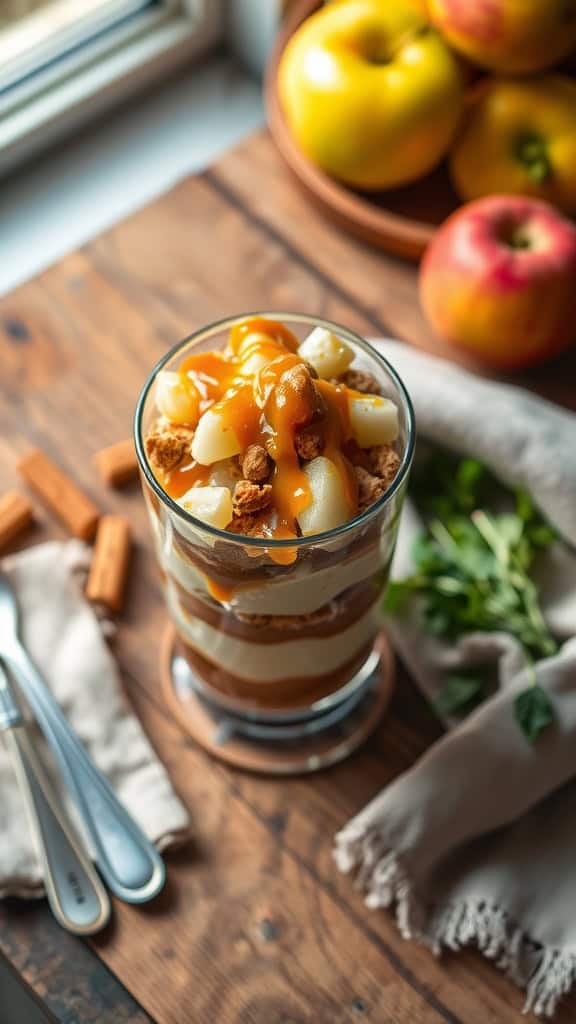 A delicious no-bake salted caramel apple parfait in a glass, layered with graham crackers and apples.