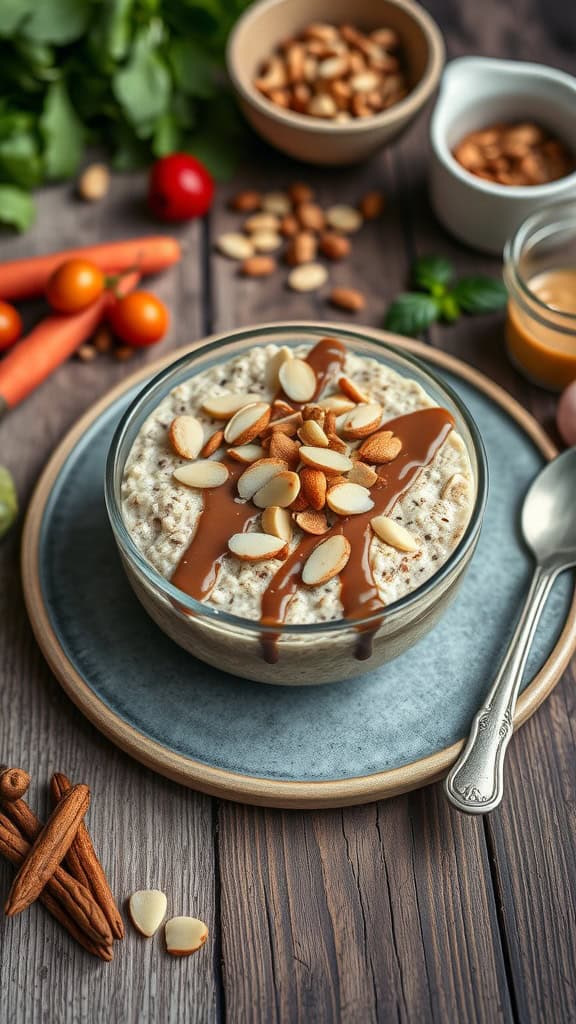 A bowl of Nutty Crunch Overnight Oats topped with almonds and chocolate peanut butter.