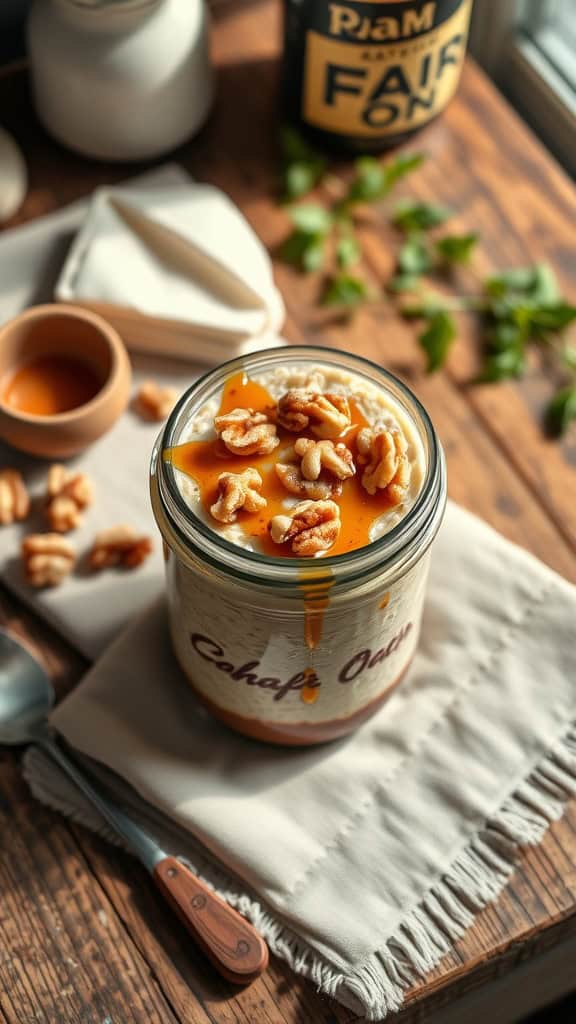 Nutty Maple Overnight Oats in a jar with walnuts and maple syrup.