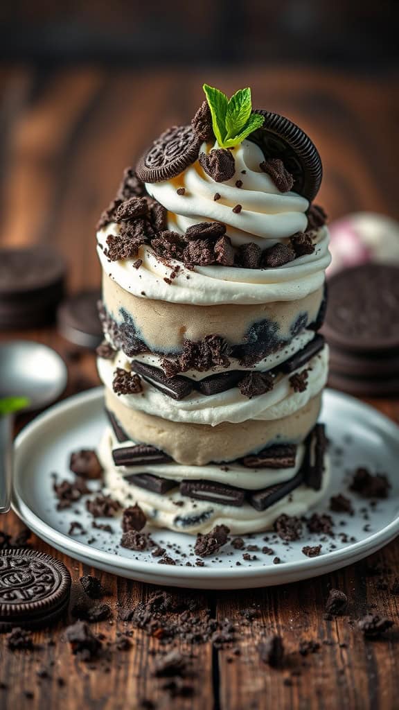 A stack of Oreo Cheesecake Parfait Cookies layered with cream cheese filling and whipped cream.