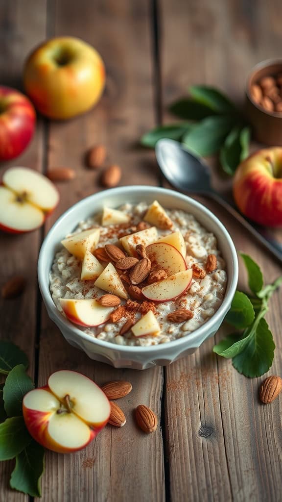 A bowl of overnight oats topped with apple chunks and almonds