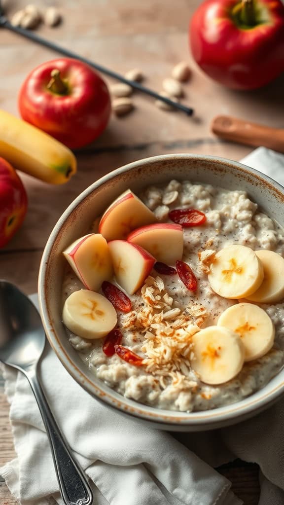 A bowl of overnight oats with banana and apple, topped with banana slices and apple wedges, surrounded by fresh apples and bananas.