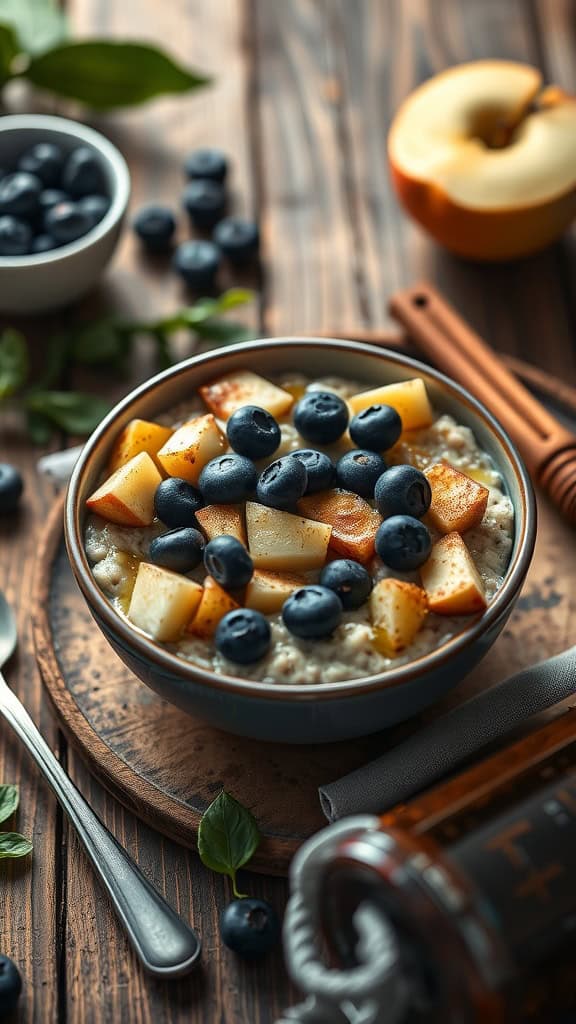 Bowl of overnight oats topped with apples and blueberries on a wooden table.