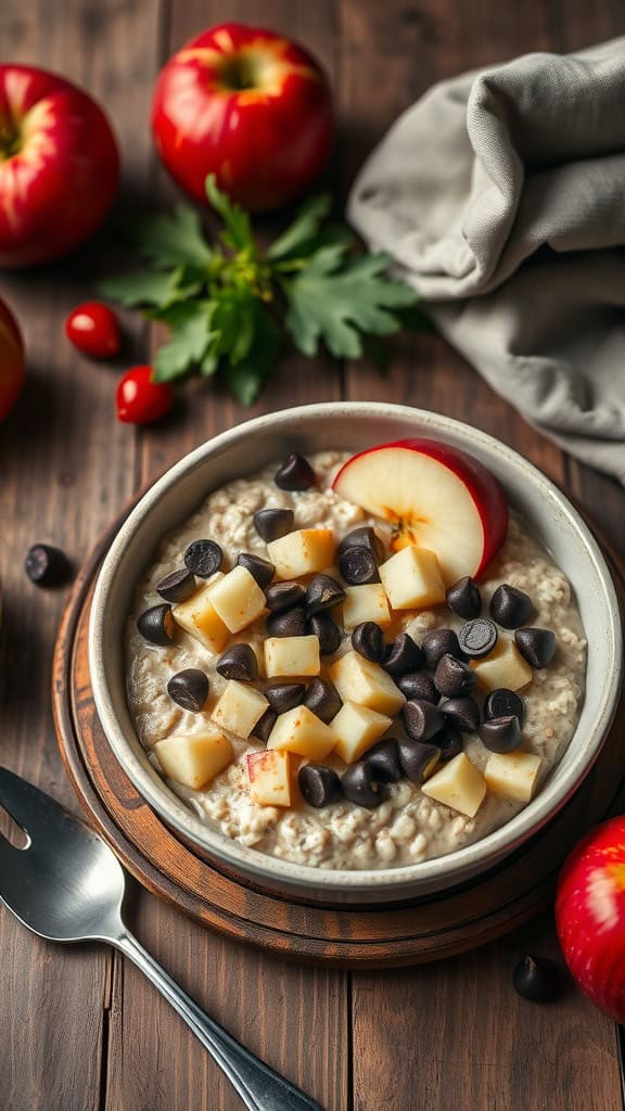 A bowl of overnight oats topped with diced apple and chocolate chips on a wooden table.