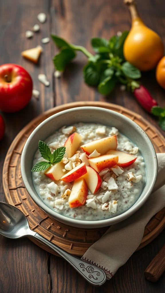 A bowl of overnight oats topped with apple slices and coconut flakes.