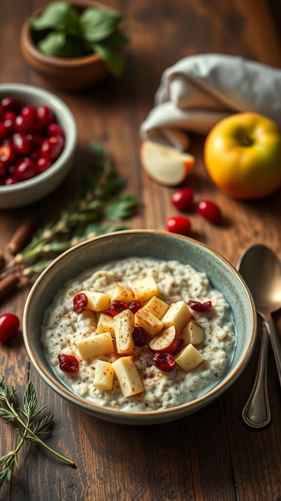 Bowl of overnight oats topped with chopped apples and dried cranberries