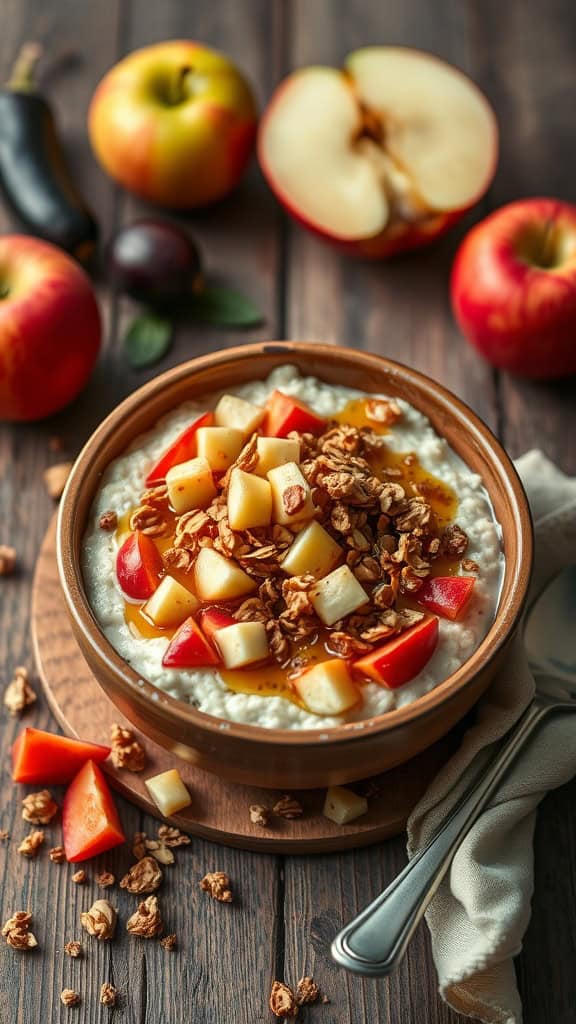 Bowl of overnight oats topped with chopped apples and granola