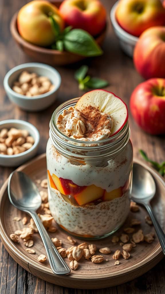 A delicious Overnight Oats Apple and Greek Yogurt Parfait in a jar, layered with oats, Greek yogurt, and apple chunks.
