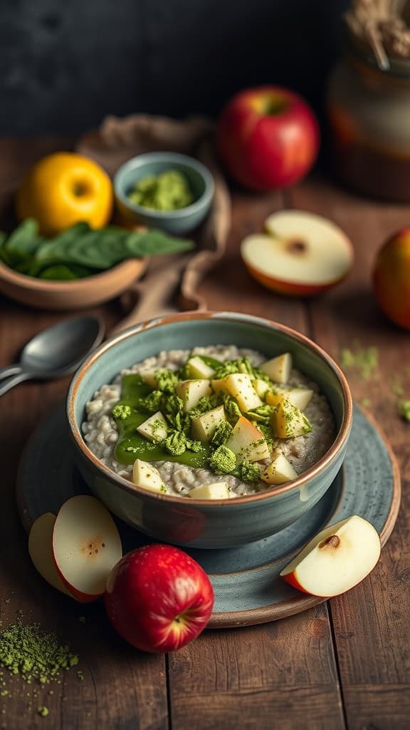 A bowl of overnight oats with apple and matcha, garnished with apple pieces and green powder on a wooden table.