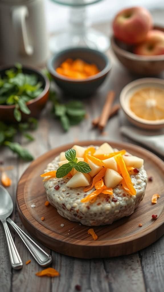 A bowl of overnight oats with apple and orange zest, garnished with fresh fruit.