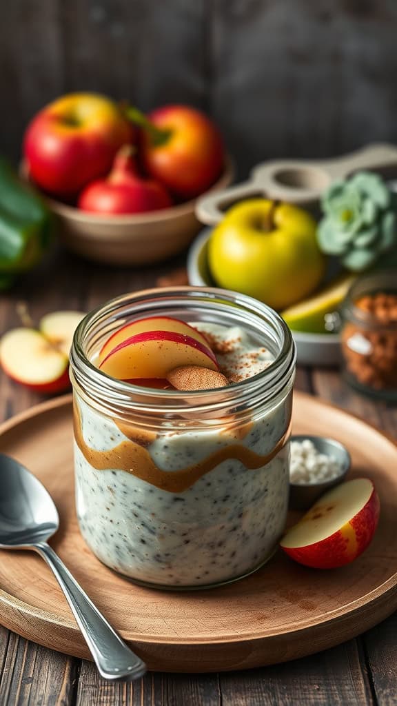 A jar of overnight oats with apple slices and a swirl of peanut butter.