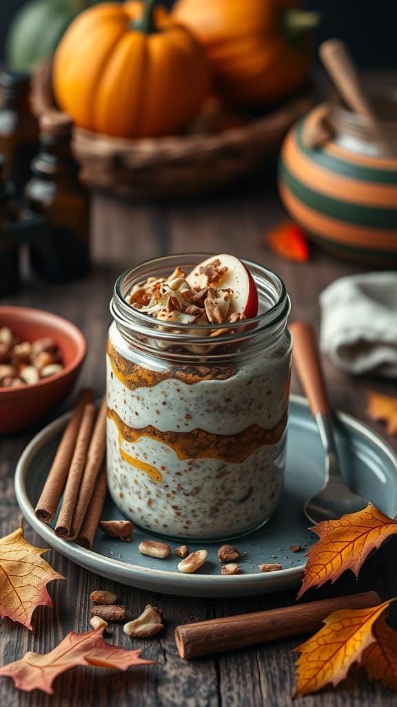 A jar of overnight oats with apple and pumpkin spice, garnished with nuts and apple slices.
