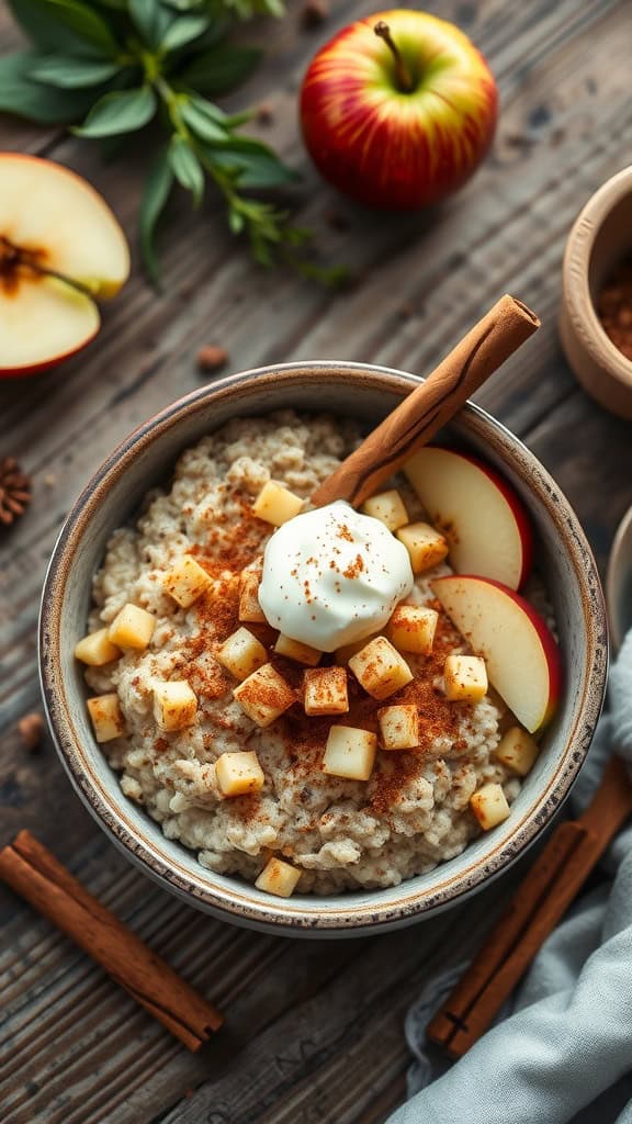 Delicious overnight oats with apples and cinnamon topped with cream cheese and chopped apples.