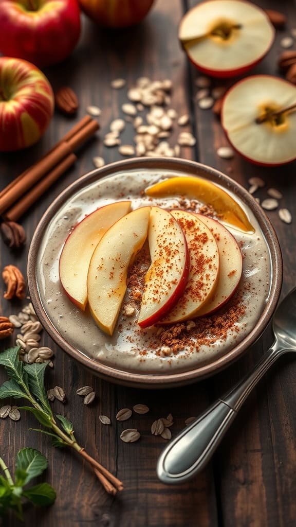 A smoothie bowl topped with apple slices and sprinkled with cinnamon, with oats and apples in the backdrop.