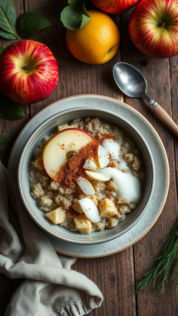 A bowl of apple cinnamon overnight oats with coconut milk, topped with diced apples and sprinkled with cinnamon.