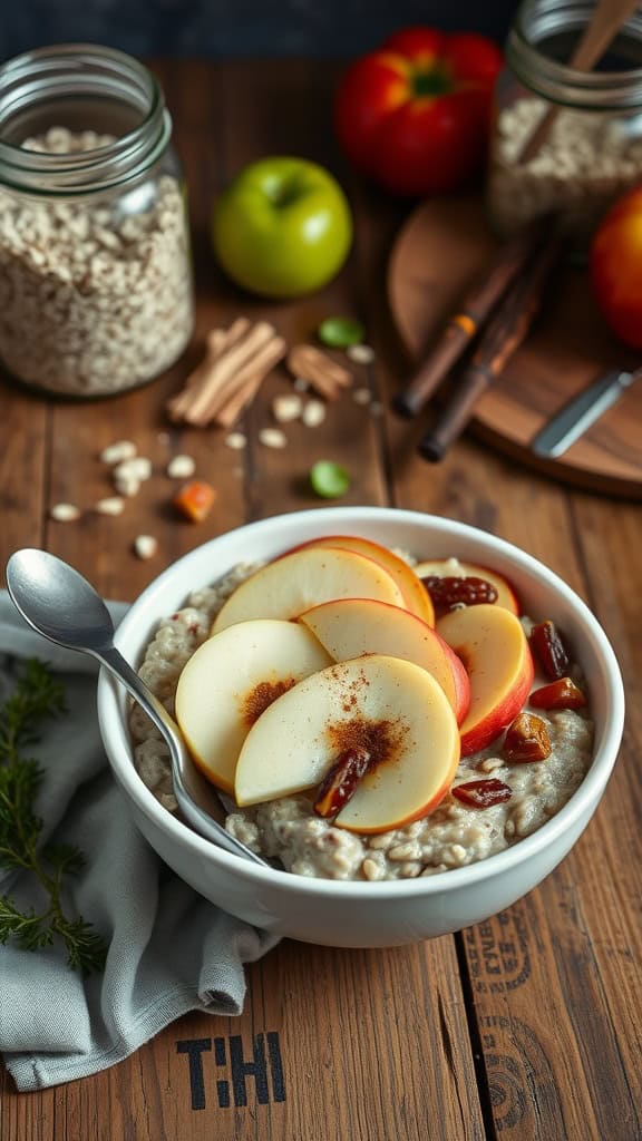 Healthy apple cinnamon overnight oats with chopped dates and apple slices on top.