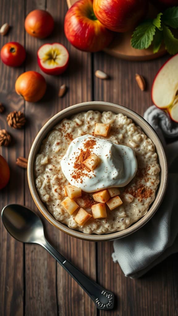 A bowl of creamy overnight oats topped with diced apples, Greek yogurt, and a sprinkle of cinnamon.