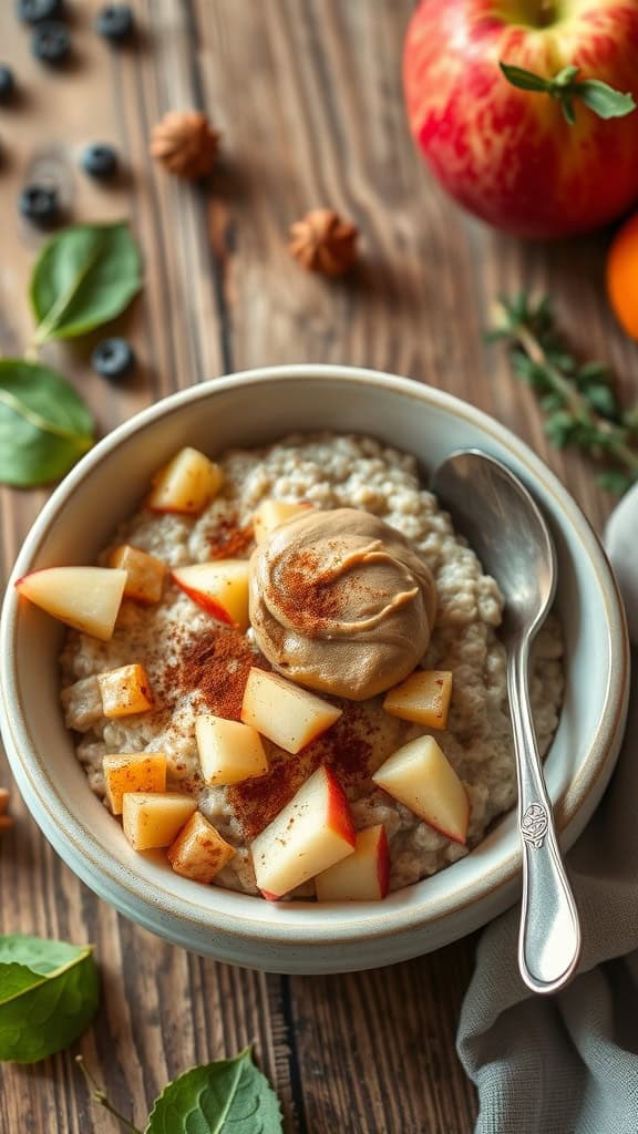 A cozy bowl of overnight oats topped with diced apples, a dollop of nut butter, and a sprinkle of cinnamon.