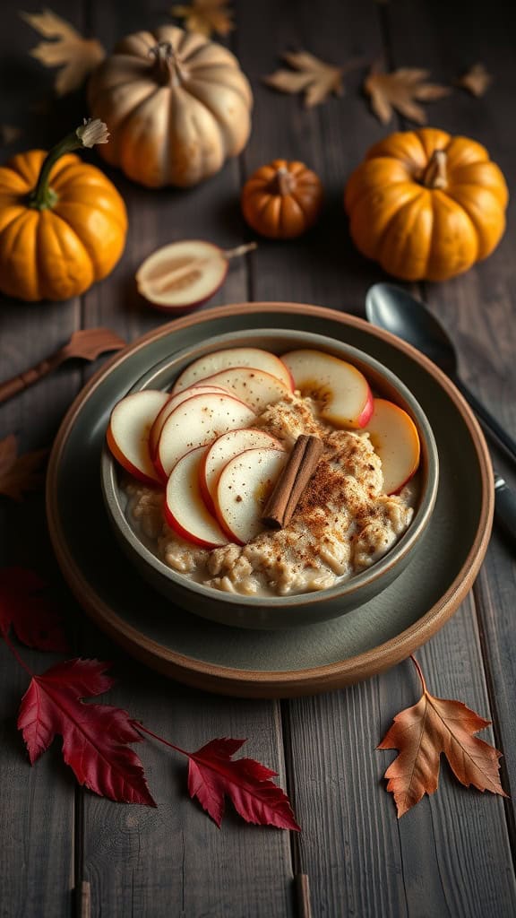A bowl of overnight oats topped with sliced apples, cinnamon, and a hint of pumpkin spice.