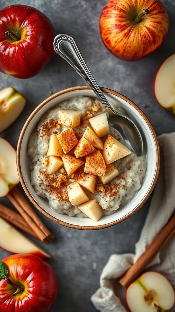 A bowl of apple cinnamon overnight oats topped with diced apples and cinnamon sticks.