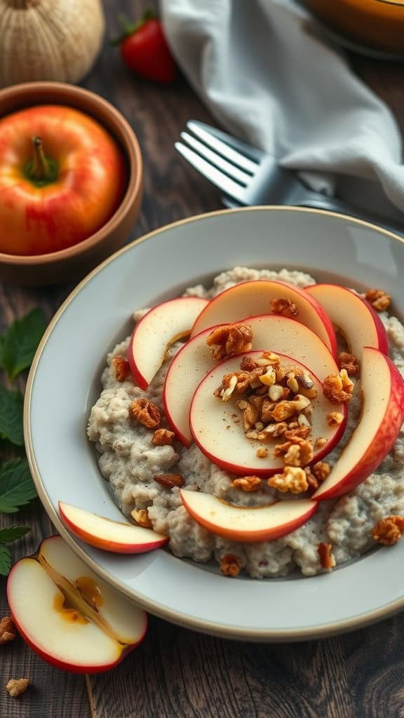 Bowl of overnight oats with apple slices and walnuts on top.