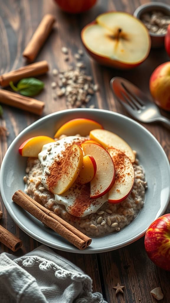 A bowl of oatmeal topped with apple slices and cinnamon.