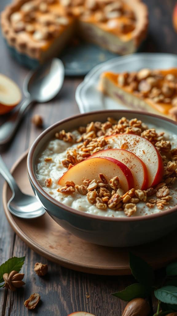 Bowl of overnight oats topped with sliced apples and granola, with a pie in the background.