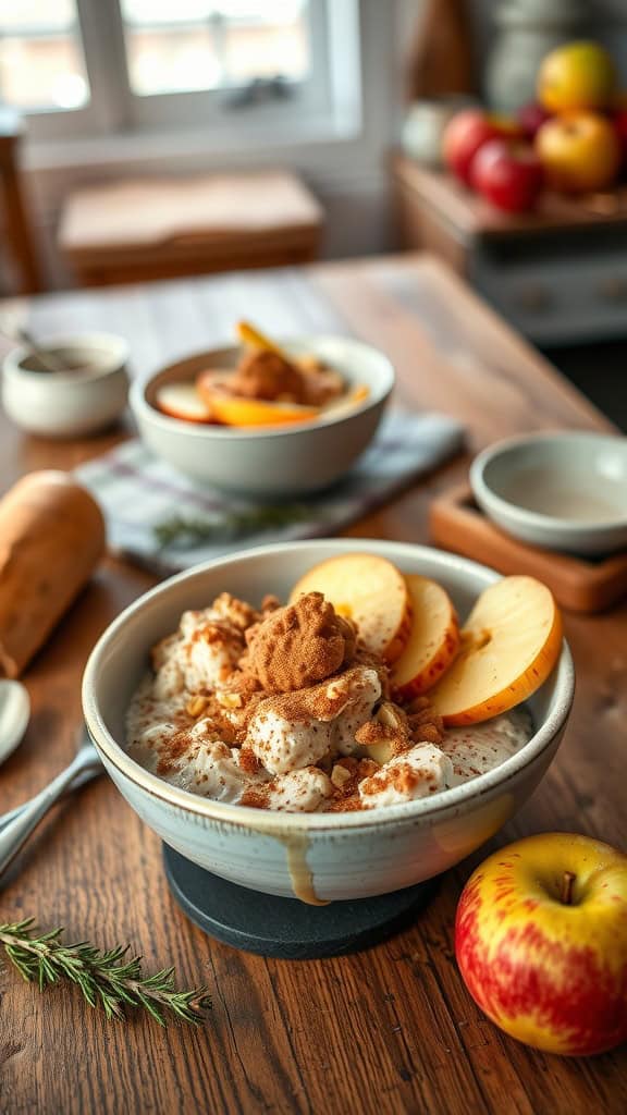 A bowl of overnight oats topped with baked apples, almond butter, and cinnamon.